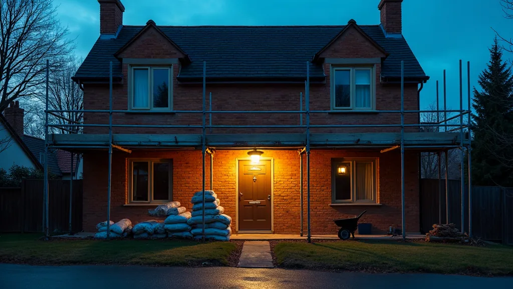 Séparation de biens : le régime qui protège… jusqu'au jour où il vous lâche Chantier de rénovation d'une maison au crépuscule, échafaudage et matériaux de construction