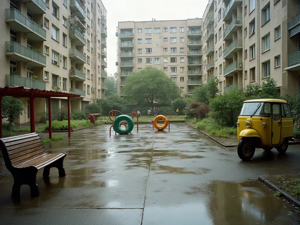 Cour intérieure d'un immeuble résidentiel après la pluie à Nanterre