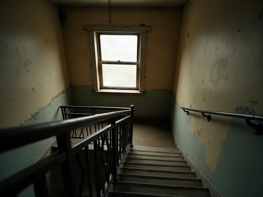 Le Mans : ces quartiers qu'on vous conseille d'éviter en 2026 Cage d'escalier d'immeuble ancien avec rampe métallique et murs patiné