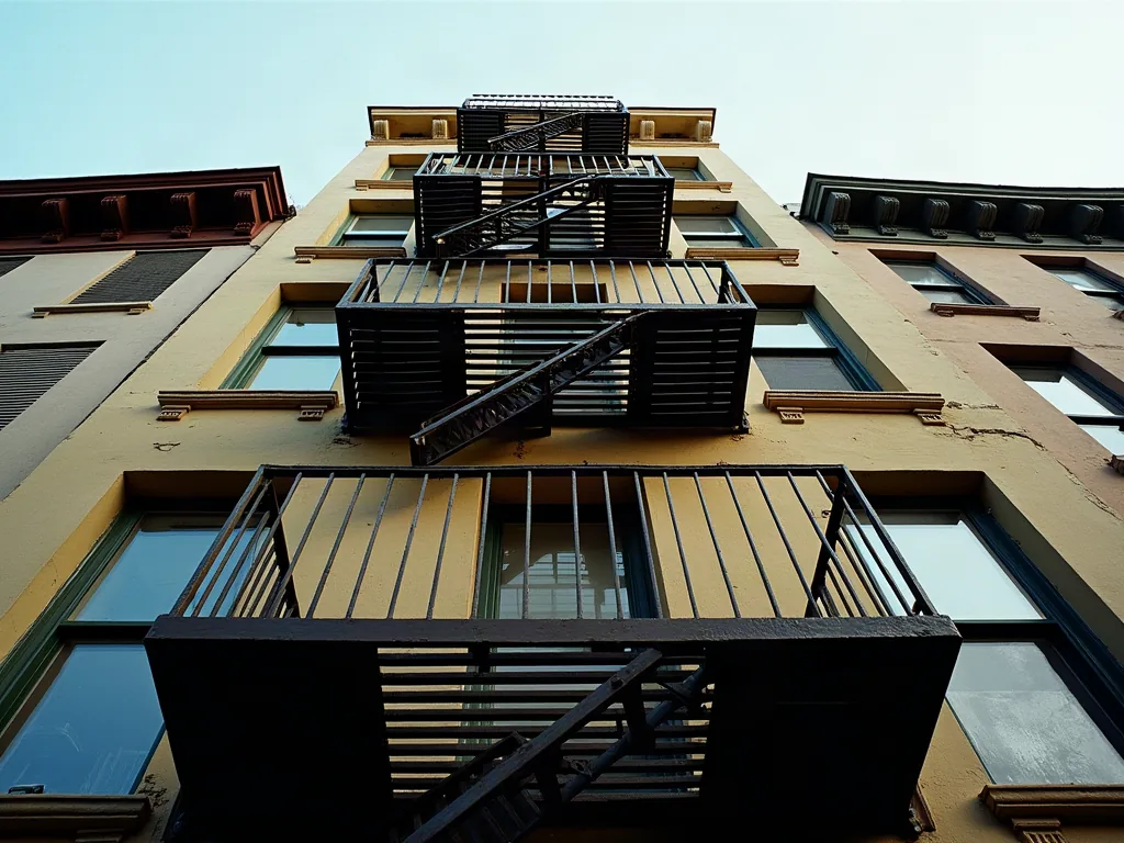 Quartiers à éviter à Arles : ce que révèlent vraiment les chiffres Escalier de secours extérieur d'un immeuble ancien avec vue sur toitures et fenêtres résidentielles, lumière matinale
