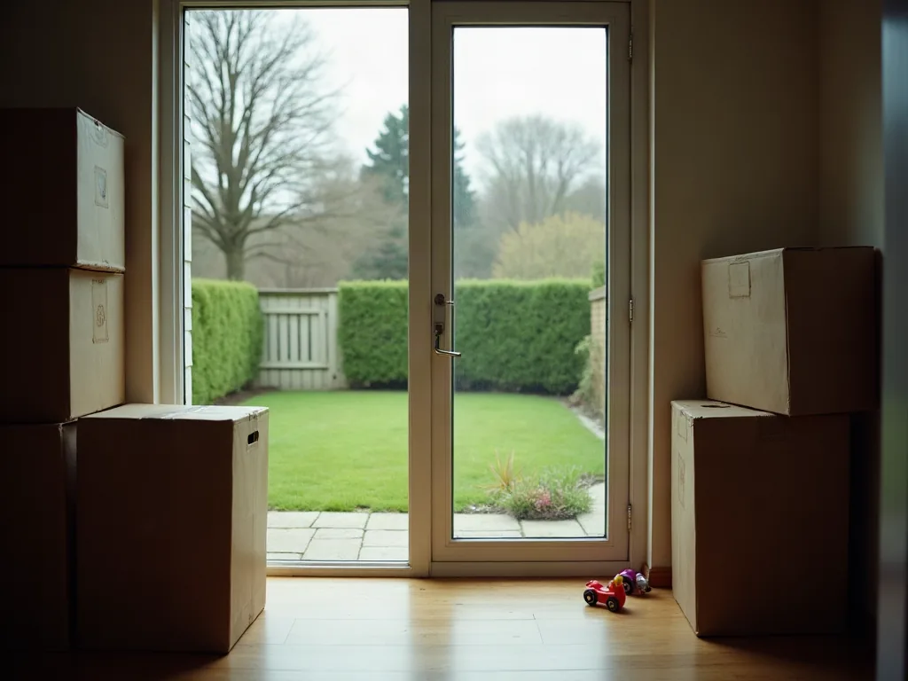 Séparation de biens : le régime qui protège… jusqu'au jour où il vous lâche Intérieur de maison familiale avec cartons de déménagement vus depuis l'intérieur vers le jardin