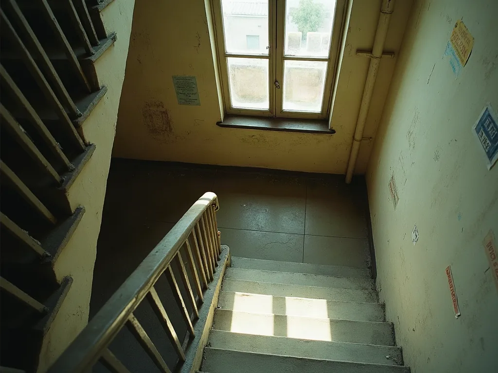 Évry-Courcouronnes : les quartiers à éviter avant d'acheter ou de louer Cage d'escalier d'immeuble collectif photographiée de haut en fin d'après-midi