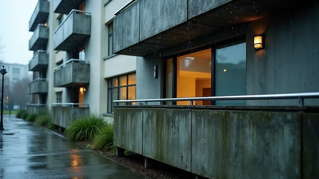 Quartiers à éviter à Villeneuve-d'Ascq : ce que révèlent vraiment les chiffres Façade de bâtiment moderne avec traces d'humidité après la pluie, plan moyen