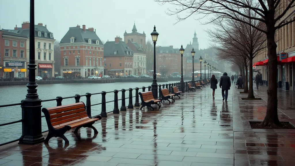 Quartiers à éviter à La Rochelle : ce que révèlent vraiment les chiffres Promenade côtière mouillée après la pluie avec bancs publics et façades d'immeubles en arrière-plan